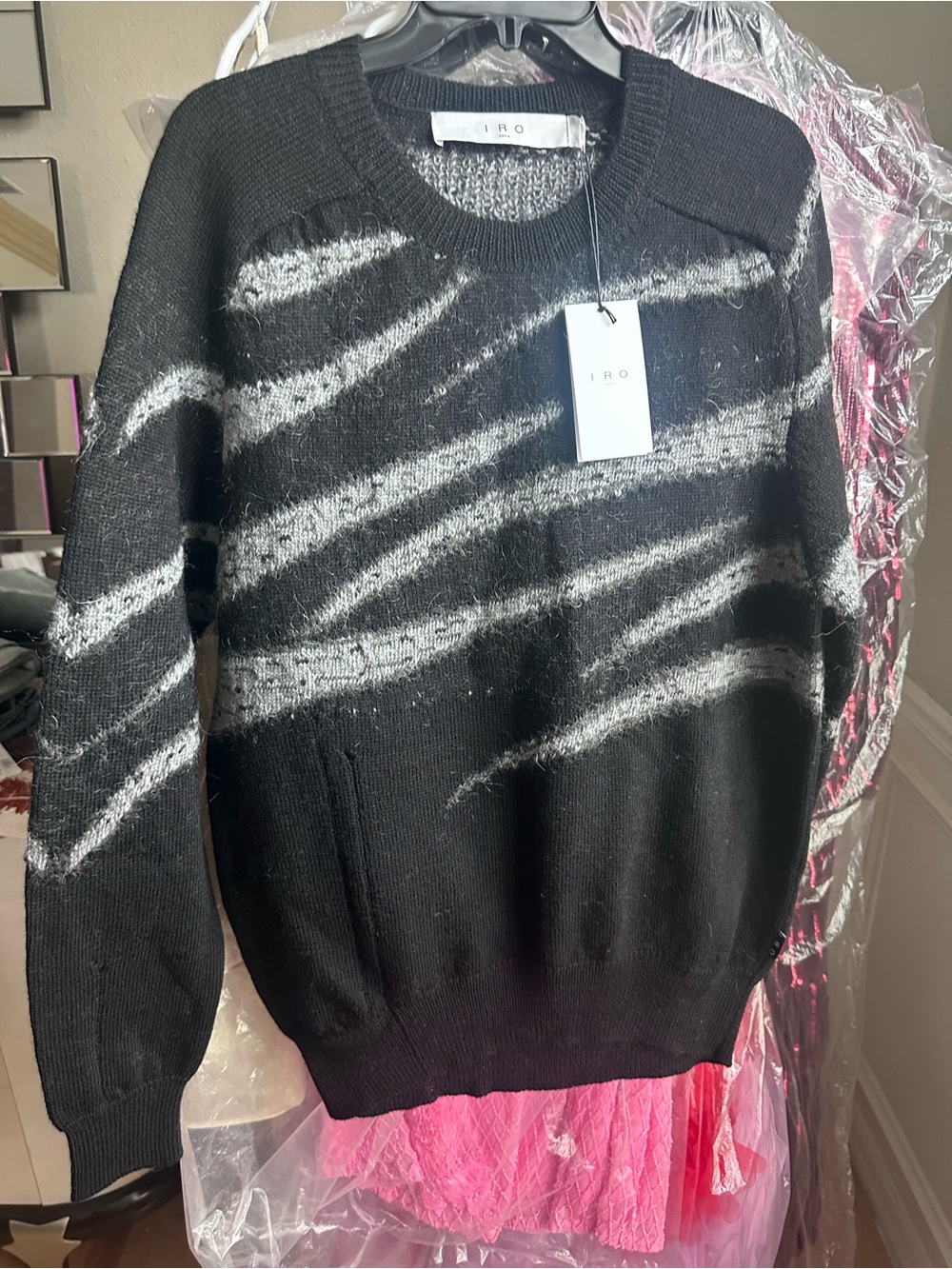 IRO Black Crewneck Sweater with Gray Diagonal Stripe Detail